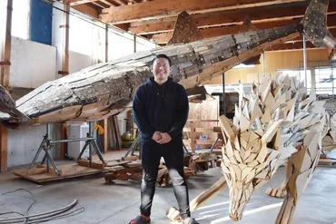 木の端材でジンベエザメ⁈長岡市栃尾の廃材アート作家・加治聖哉さんがアトリエ解放♪4月29日~5月6日